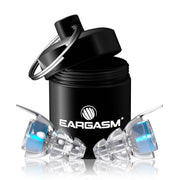 Eargasm blue earplugs front view showing compact design and color benefit
