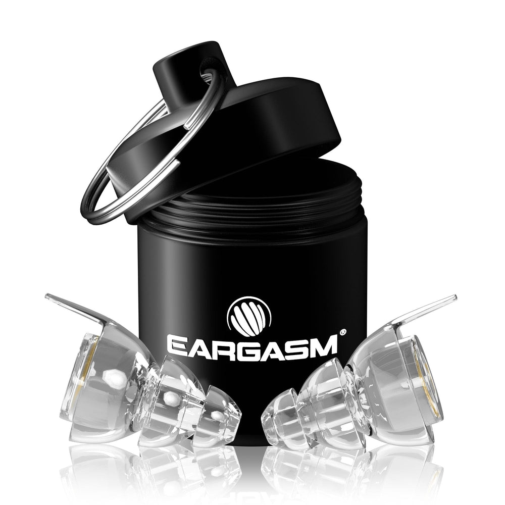 Eargasm front packaging showing clear earplugs and benefits