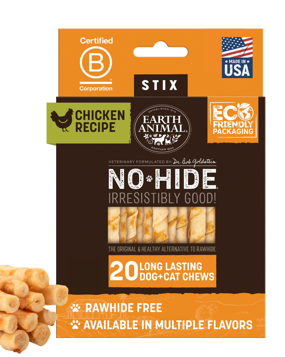 Earth Animal paquete frontal con 20 No-Hide Stix, muestra tamaño práctico