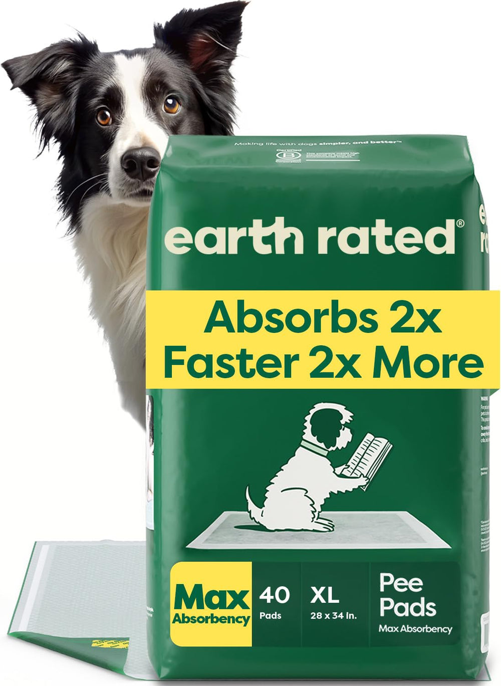 Earth Rated empaque frontal de 40 almohadillas XL mostrando cantidad y tamaño, conveniencia
