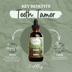 Detalle del frasco de vidrio Teeth Tamer de Earthley Wellness que destaca calidad y seguridad
