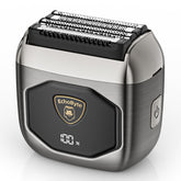 EchoByte shaver front view showing controls and sleek metal benefit: premium handling