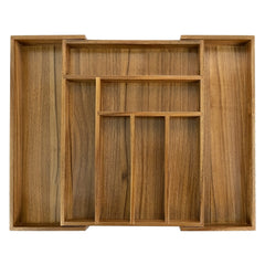 EcoFives acacia organizer front view showing neat cutlery storage and tidy drawers