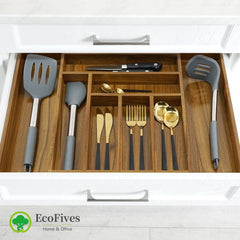 EcoFives acacia organizer placed inside kitchen drawer for quick access and order