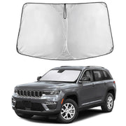 EcoNour front view of sunshade on Jeep Grand Cherokee windshield showing full coverage and protection
