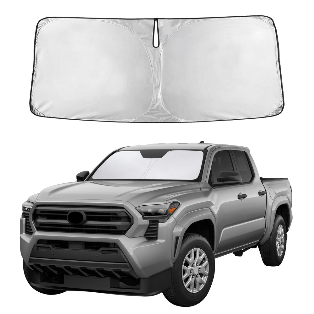 EcoNour parasol frontal instalado en Toyota Tacoma que mantiene interior más fresco
