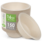 Ecovita caja frontal mostrando 150 cuencos compostables, presentación resistente