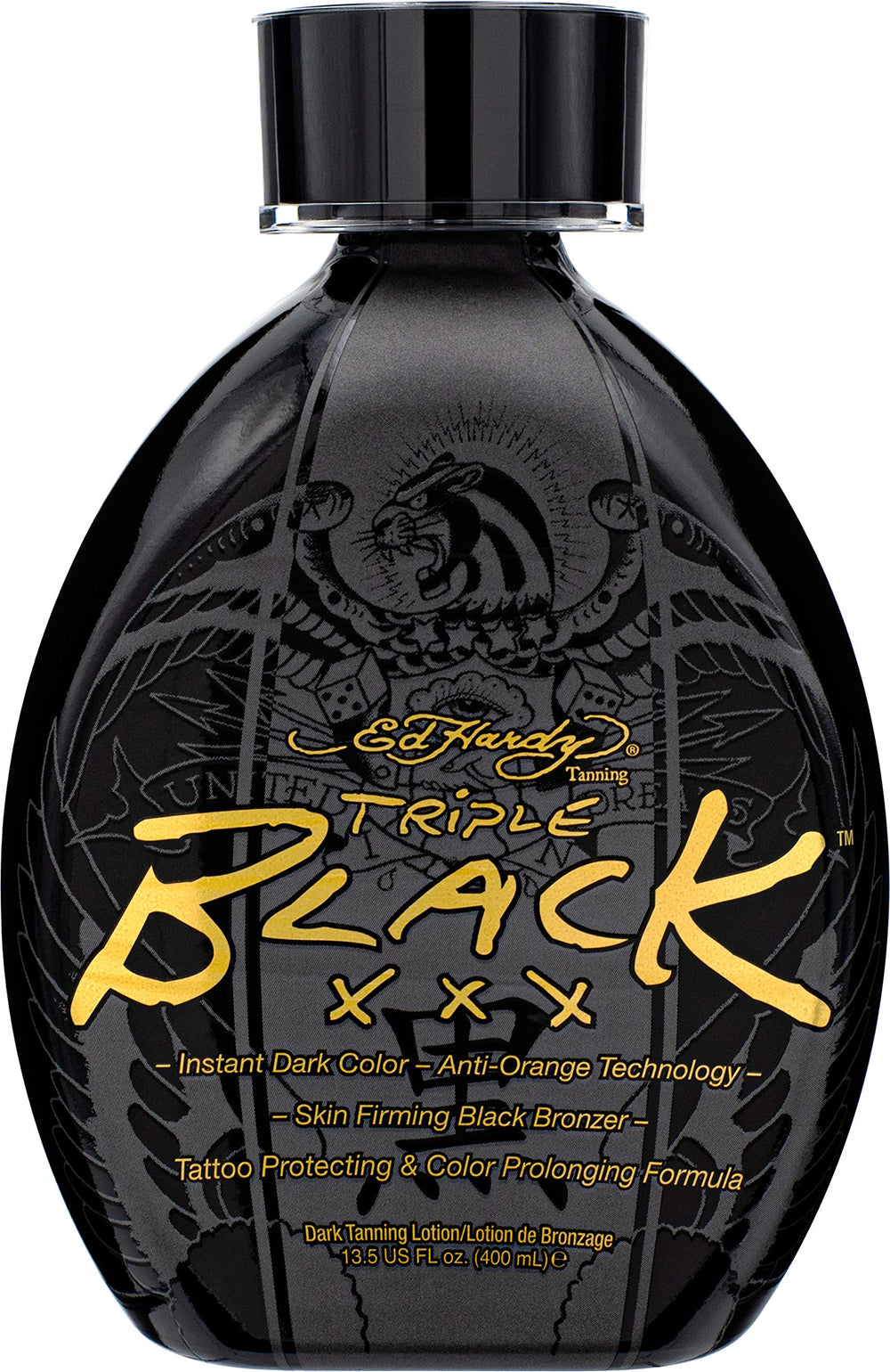 ED HARDY envase frontal de la loción Black XXX mostrando la marca y tamaño