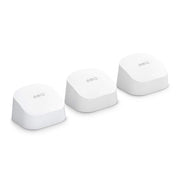 eero 6 three‑pack front view showing router and two extenders for whole‑home coverage