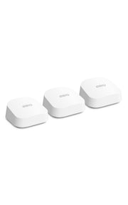 eero shows three‑pack front view with sleek design and reliable whole‑home Wi‑Fi coverage