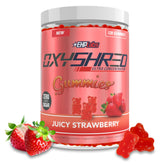 EHP Labs tub front showing OxyShred gummies and strawberry label benefit energy