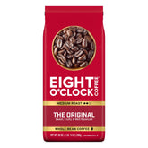 Eight O'Clock paquete frontal 30 oz mostrando el sello de tueste medio y beneficio de sabor consistente