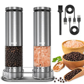 EIHO front view of salt and pepper grinders shows sleek stainless design and clear base, easy styling