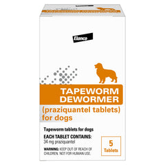 Elanco front packaging showing tapeworm dewormer tablets and clear labeling benefit: easy identification