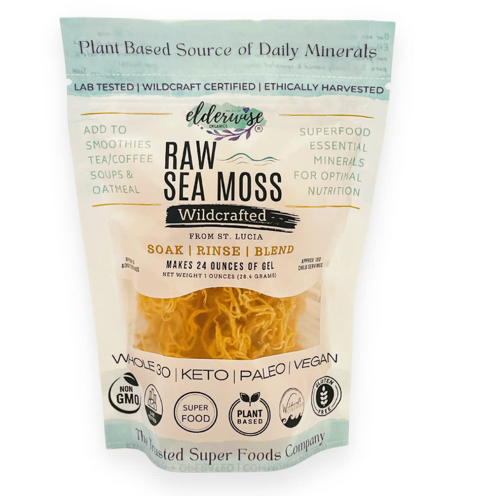 Elderwise Golden Sea Moss frente del empaque mostrando cantidad y pureza