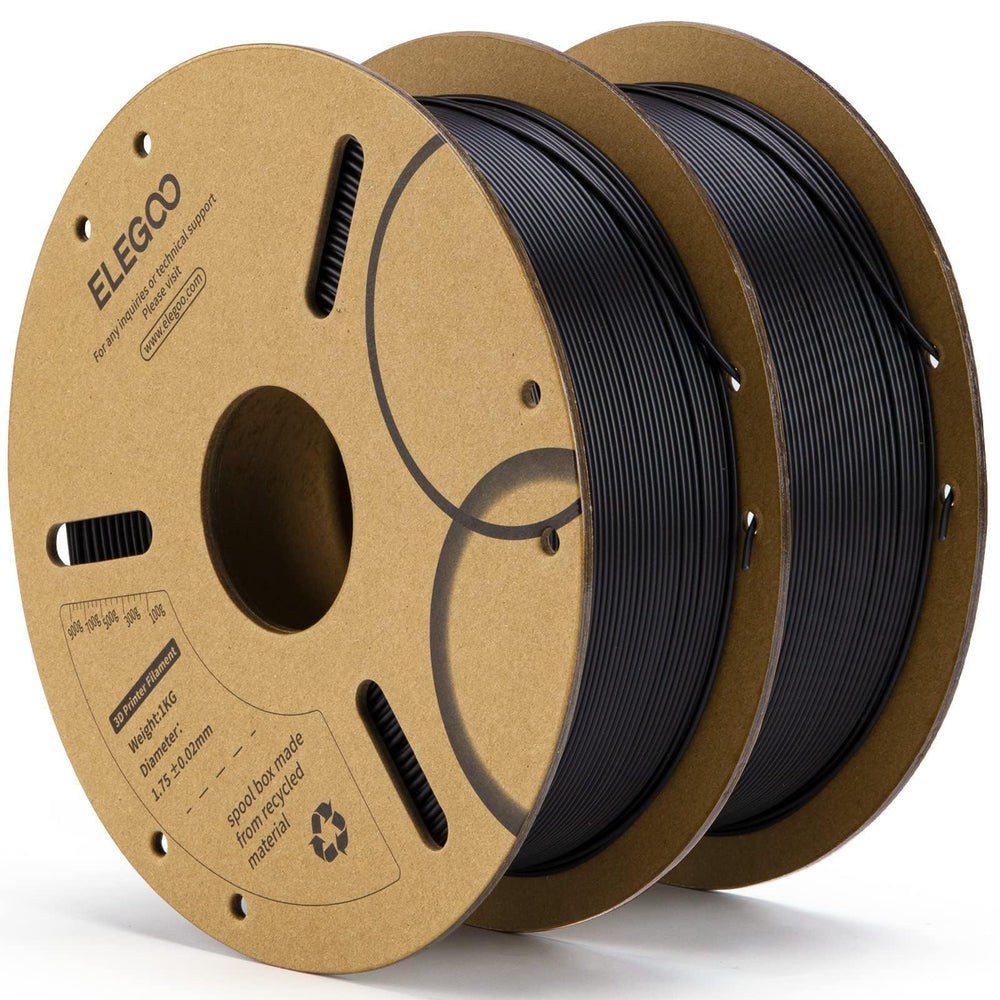ELEGOO filamento PLA 1,75 mm negro vista frontal del paquete, fácil almacenamiento
