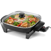 Elite Gourmet front view showing dark gray skillet and lid, highlighting sleek design