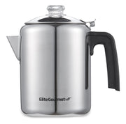 Elite Gourmet vista frontal del percolador mostrando diseño de acero inoxidable y acabado pulido