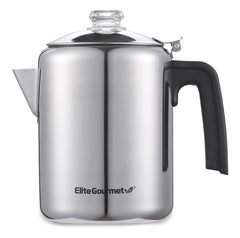 Elite Gourmet vista frontal del percolador mostrando diseño de acero inoxidable y acabado pulido