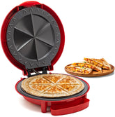 Elite Gourmet front view of red quesadilla maker shows compact design and easy access