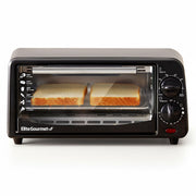 Elite Gourmet ETO236 front view showing compact black finish and controls, space-saving benefit