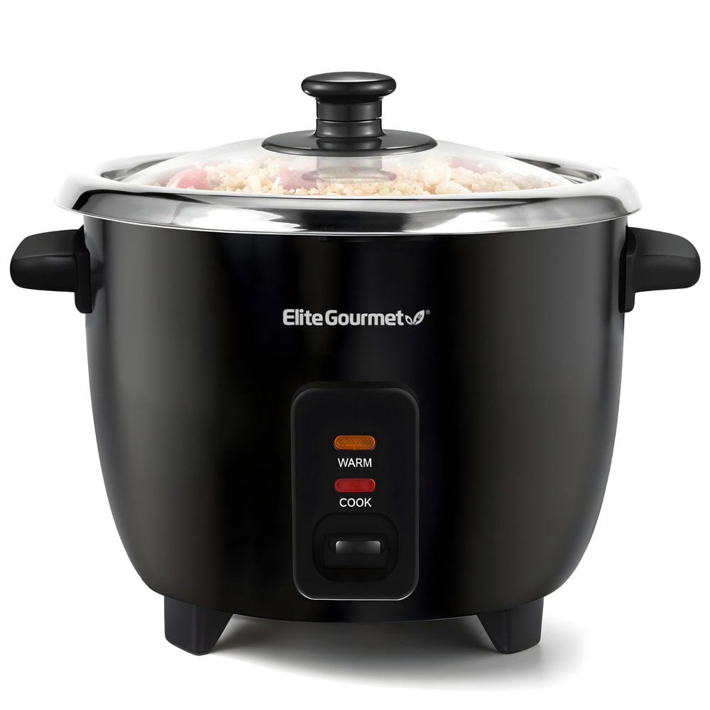 Elite Gourmet frente del aparato mostrando diseño compacto y ventaja de ahorro de espacio