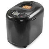 Elite Gourmet front view showing compact black bread maker and benefits of space-saving design