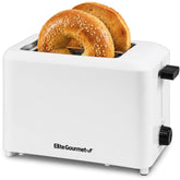 Elite Gourmet vista frontal blanco mostrando ranuras y diseño seguro