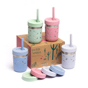 Elk and Friends front view of four 10oz stainless steel mason jars showing packaging and colors for durable family use