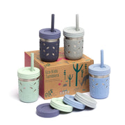 Elk and Friends front view of 10oz mason jars showing lid options and sleeves for safer sipping