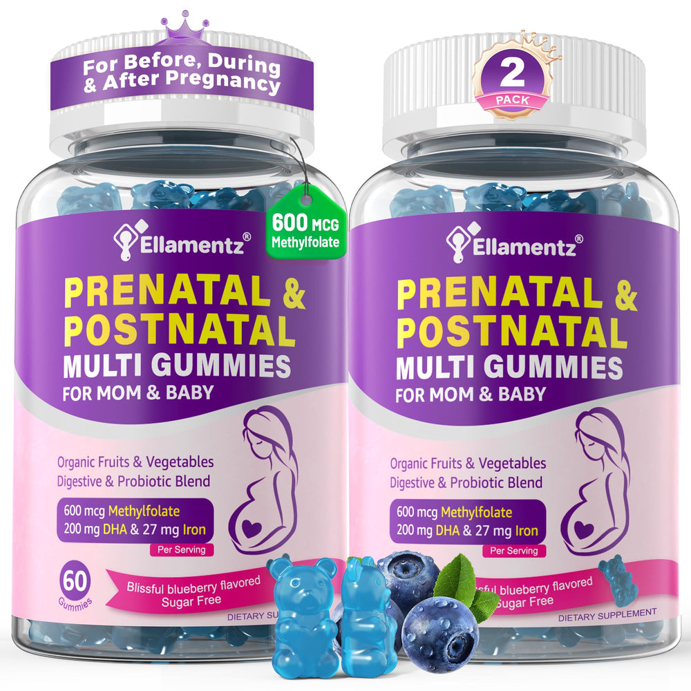 ELLAMENTZ envase frontal de prenatal gummies mostrando 120 unidades y beneficios