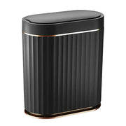 ELPHECO black trash can front view showing sleek design and compact benefit