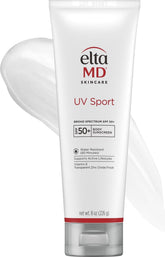 EltaMD protector UV Sport frontal 8 oz mostrando envase y beneficio resistencia