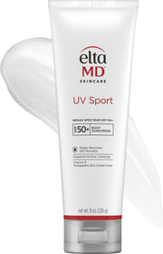 EltaMD protector UV Sport frontal 8 oz mostrando envase y beneficio resistencia