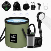 ELZONYX vista frontal del conjunto portátil mostrando pump y bolsa, ideal para camping
