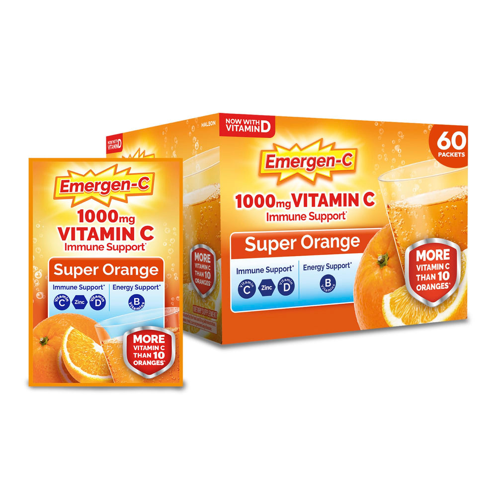 Emergen-C empaque frontal Super Orange mostrando 60 sobres y beneficios
