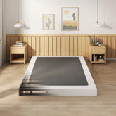 EMODA full-size box spring front view showing slim profile and neat cover benefit: stable support