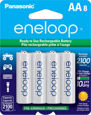 Eneloop paquete frontal mostrando las 8 pilas y beneficio de lista para usar