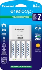 eneloop pack front view showing batteries and charger for instant use