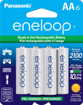 Eneloop pack frontal mostrando las seis pilas AA listo para uso inmediato