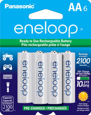 Eneloop pack frontal mostrando las seis pilas AA listo para uso inmediato