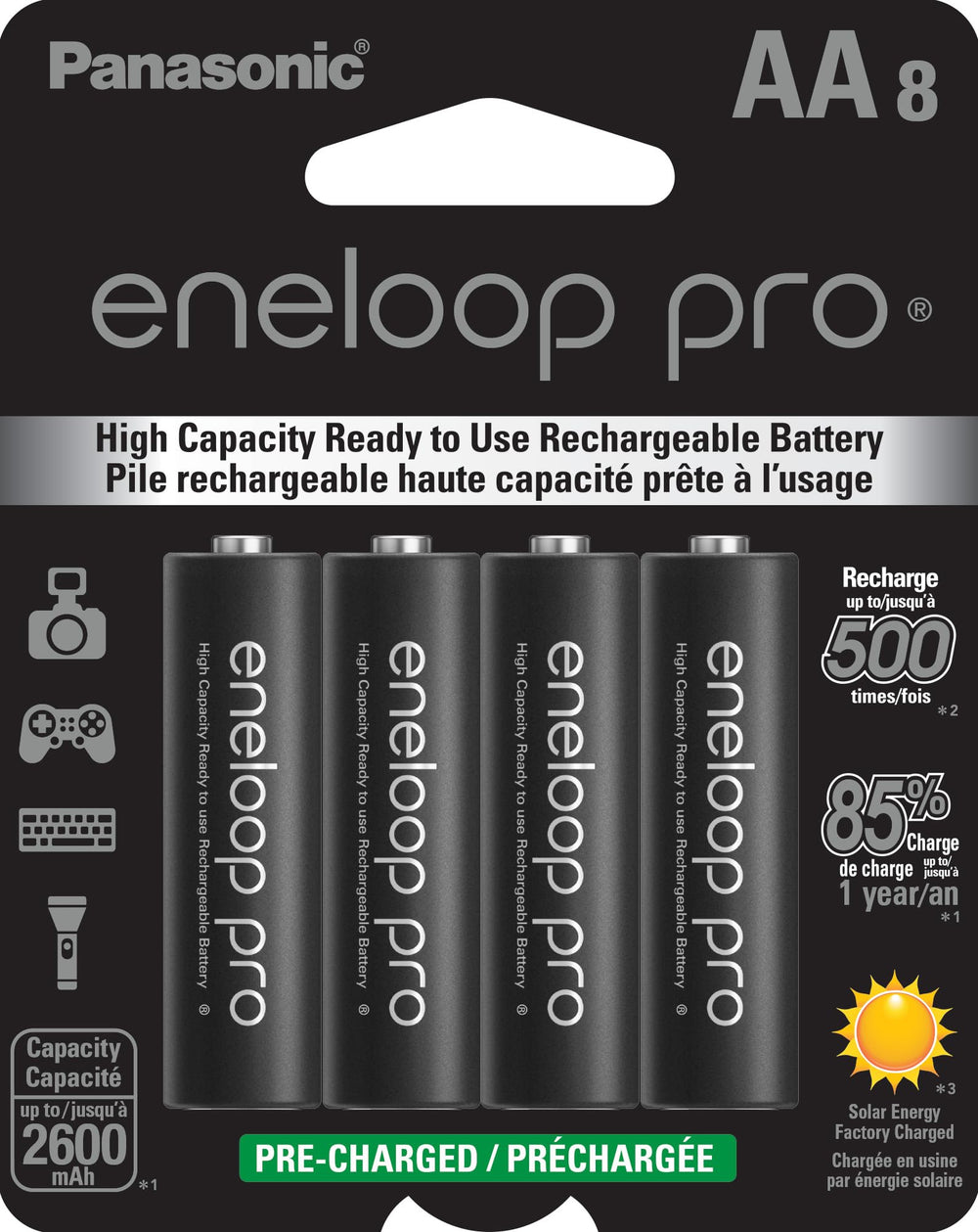 eneloop Panasonic vista frontal del paquete mostrando 8 pilas y beneficios