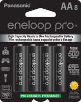 eneloop Panasonic vista frontal del paquete mostrando 8 pilas y beneficios