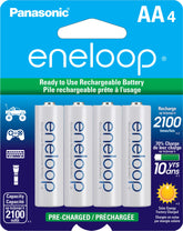 Eneloop paquete delantero mostrando 4 pilas y embalaje protector Eneloop beneficio fiabilidad