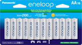Eneloop paquete de 16 pilas AA mostrando embalaje frontal y ventaja de durabilidad