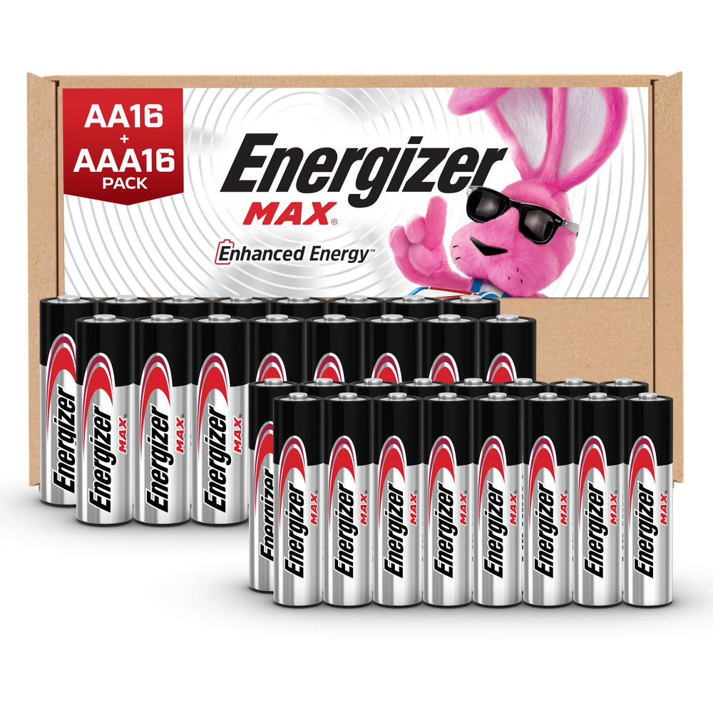 Energizer pack frontal mostrando 16 AA y 16 AAA, energía duradera