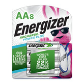 Energizer pack frontal mostrando ocho pilas AA y etiquetado claro