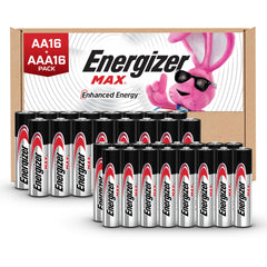 Energizer pack frontal mostrando 16 AA y 16 AAA, energía duradera