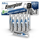 Energizer embalaje frontal mostrando paquete de 10 y beneficio duración prolongada