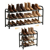 ENJOYBASICS estantería frontal mostrando tres niveles y acabado negro para ordenar zapatos